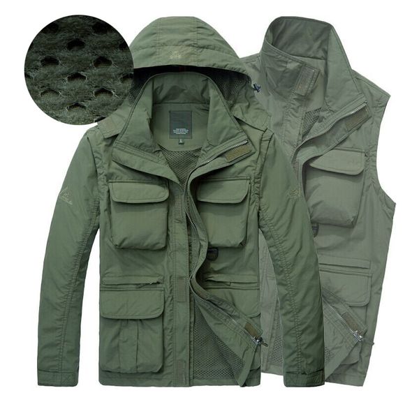 

autumn jacket men casual hooded collar mesh liner hat &sleeve removable summer jacket men many pockets m-4xl coat, Black;brown