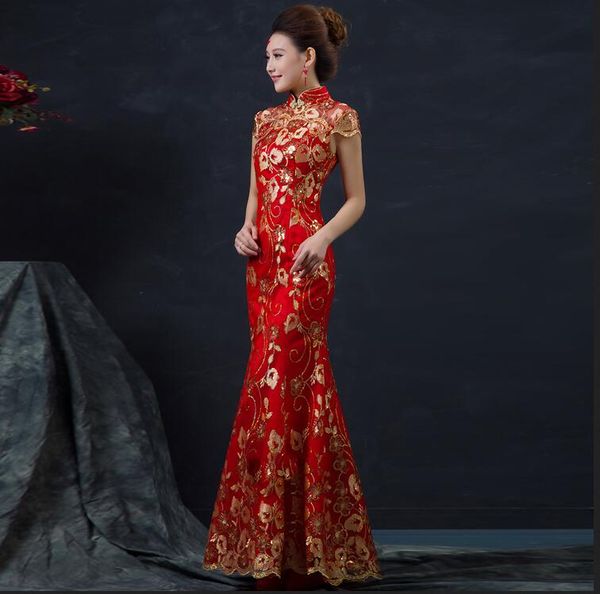 

red chinese wedding dress women long short sleeve cheongsam gold slim chinese traditional dress women's qipao for wedding party