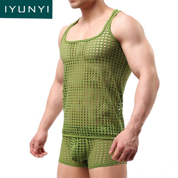

iyunyi men underwear tank +shorts sets high elastic vest lingerie breathable mesh underwear transparent pajamas suit, Black;brown