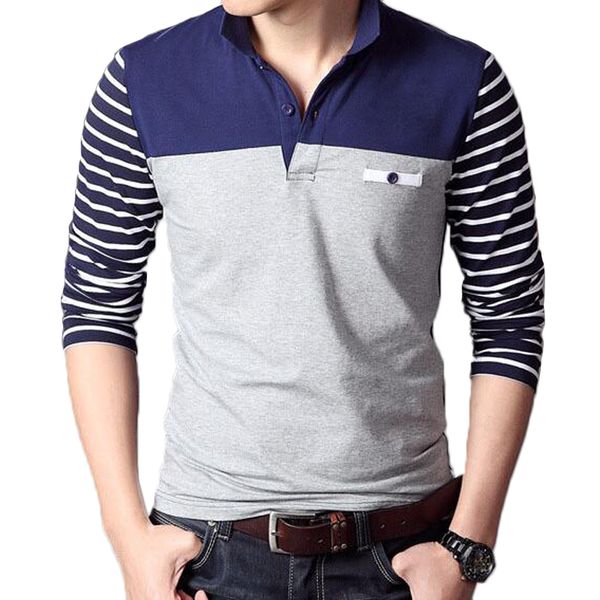 

men poloshirt spring long sleeve shirts male lapel slim fit tee mens brand fashion striped stitching color camisa, White;black
