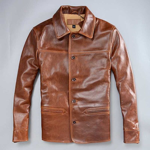 

cowhide genuine batik leather coat men classic single-breasted leisure winter clothing lapel business style jacket, Black