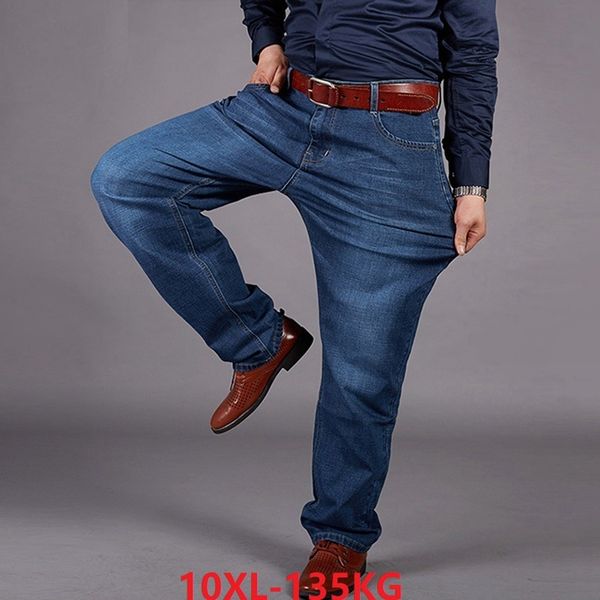

high waist men jeans large size big 10xl trousers elasticity straight 7xl 8xl 9xl loose jeans autumn winter stretch office pant, Blue