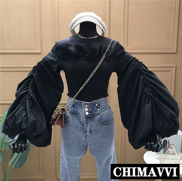 

новая весна сексуальная с открытыми плечами короткие топы женская весна новая фея плиссированные тонкий фонарь рукав рубашки белые блузки, White