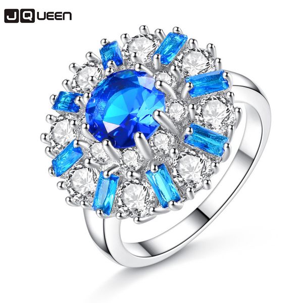 

jqueen exaggeration big flower shape rings blue white mixed colours cubic zirconia rings for women 2019 new fashion female ring, Silver
