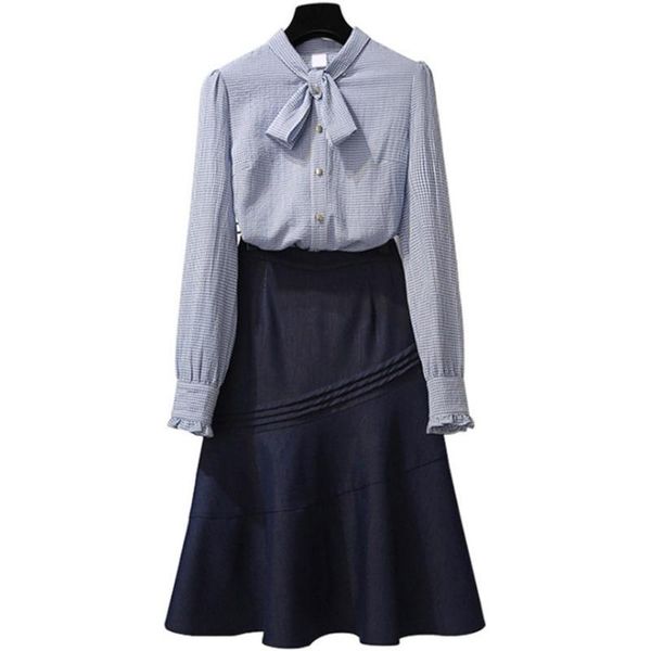 

women's two piece pants set women skirt spring summer elegant slim midi skirts+striped long sleeve bow shirt temperament blue outfits s, White