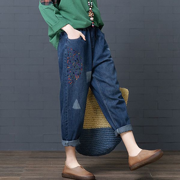 

women jeans denim pants bottom trousers big loose embroidery stars floral retro fashion casual for spring summer bo20541618, Blue