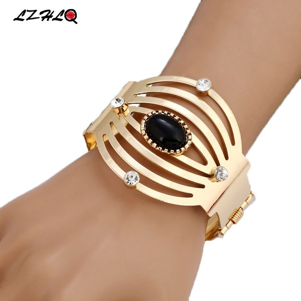

lzhlq trendy maxi metal punk bangle geometric hollow rhinestone cuff bracelet for women 2017 fashion brand jewelry accessories, Black