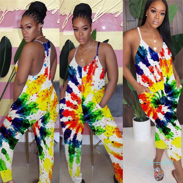 

women sleeveless jumpsuit summer harem pants rompers summer strap pants tie dye v-neck vest bodysuit casual suspender pants clubwear d5608, Black;white