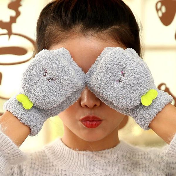 

lovely lady cute cartoon leaves clamshell flip half finger mittens lovely winter women knit plush velvet warm cashmere glove l84, Blue;gray