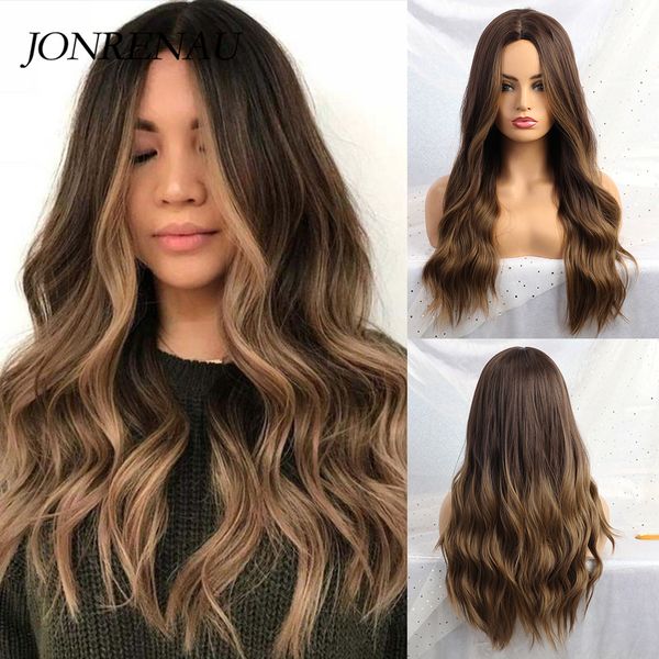 

jonrenau 24 inches long synthetic natural wave brown ombre hair wigs heat resistant hair wigs for black women