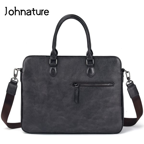 

johnature 2019 new mens business bag genuine leather briefcase vintage solid zipper cowhide soft handle 15 inches male handbags