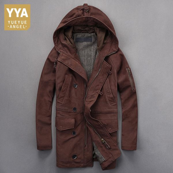 

vintage runway mens kid suede long jacket sheepskin natural leather trench hunting veste cuir homme hoodie windbreaker chaqueta, Black