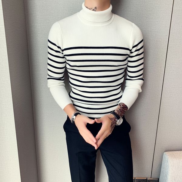 

осень зима свитер мужчины мода slim fit полосатой водолазка streetwear теплый толстые прицепные homme все совпадение повседневные мужские св, White;black