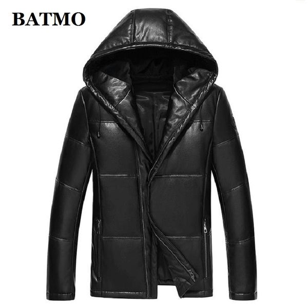 

batmo 2019 new arrival winter real leather&90% white duck down hooded jackets men,men's leather jackets,1720, Black