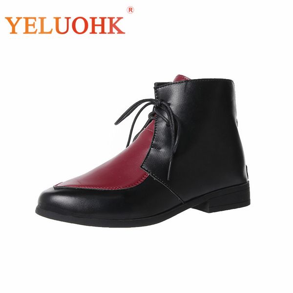 

women ankle boots autumn leather lace up female shoes pointed toe 35-43 plus size women flats red yellow beige grey black