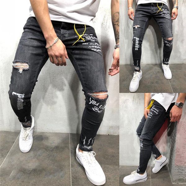 

fashion men's ripped skinny biker jeans knee destroyed frayed slim fit letters printed denim pant trousers trendy men streetwear, Blue
