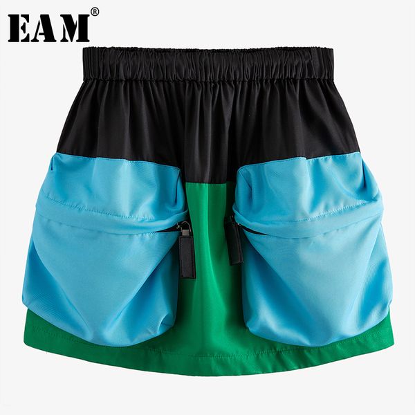 

skirts [eam] high elastic waist blue contrast color split joint half-body skirt women fashion tide spring autumn 2021 wm23201, Black