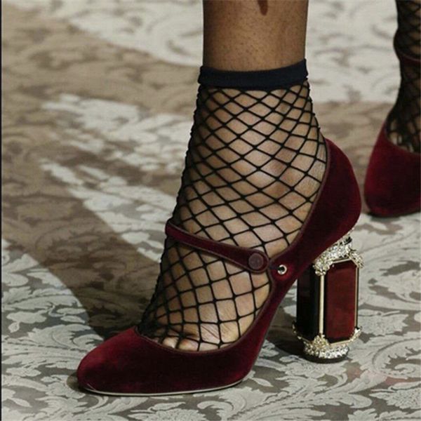 

luxury rhinestone stud chunky high heels velvet pumps bling crystal heel ankle buckle lolita pumps shoes banquet party dress shoes, Black