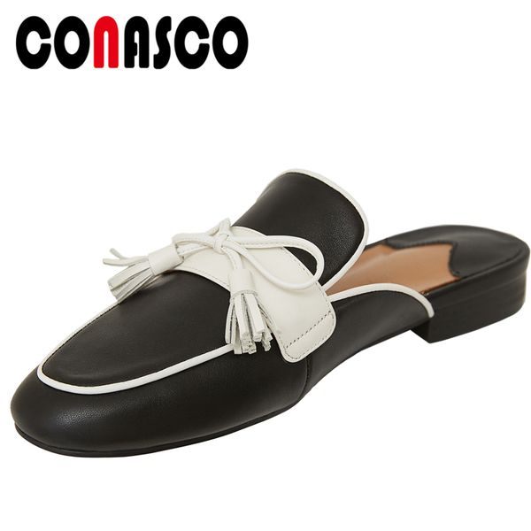 

conasco 2020 summer fashion concise casual women cow leather sandals slippers butterfly-knot fringe low heel slip-on shoes woman, Black