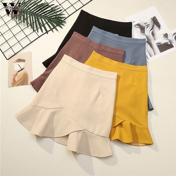 

русалка твердой мини-юбка женщины весна лето высокой талия юбка элегантных сборки женская дама твердого повседневный опрятный стиль юбка d, Black