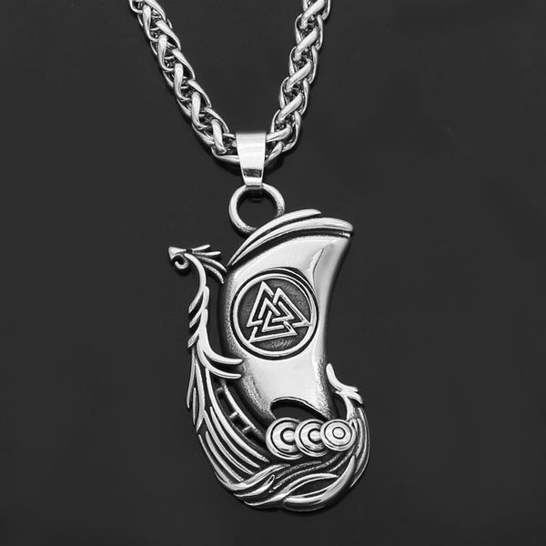 

nordic viking odin raven huginn and muninn valknut stainless steel nordic pendant necklace with gift bag, Silver