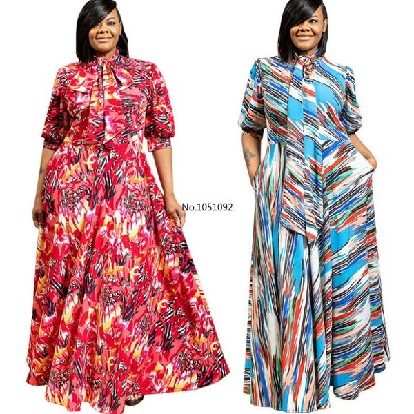 

casual dresses 2021 summer women elegant plus size wave print bow neck beach boho maxi dress office lady club party long vestidos, Black;gray