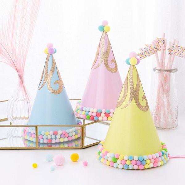 

1pcs pompom hat cone golden glitter paper birthday party hats baby shower birthday party christmas hair decoration gift for kids