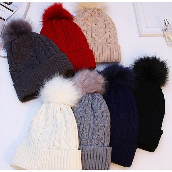 

thicken warm fur ladies pom pom hats beanie 2019 winter hats for women knitted hat female pompom hat with pompon, Blue;gray