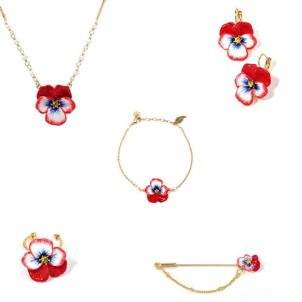 

2020 amybaby handmade enamel glaze pansy flower womens necklace stud earring bracelet brooch jewelry for party, Silver