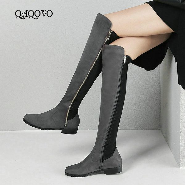 

women mixed colors stretch boots fashion zipper knee high boots comfort low heel fall winter shoes women gray black wine red