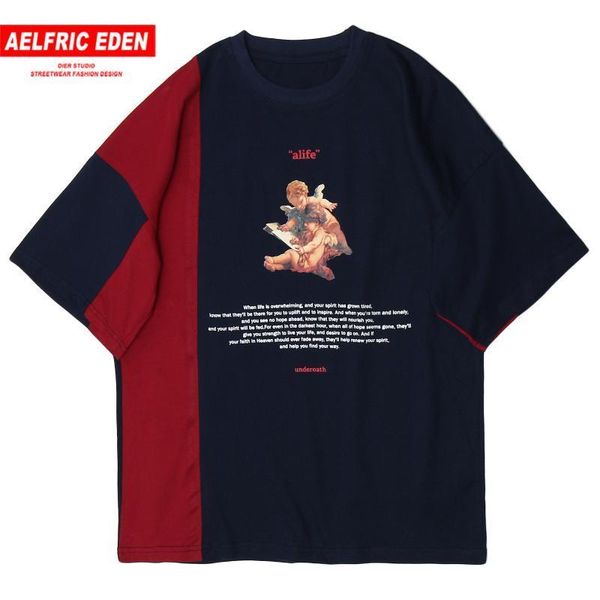 

aelfric eden patchwork harajuku men t shirt 2020 hip hop streetwear t-shirt painting printed half sleeve loose short sleeve, White;black