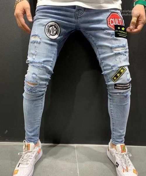 

homme street style jeans мужская одежда мужские дизайнерские патчи панельные джинсы мужские стрейч узкие дырочки карандаш брюки мода, Blue