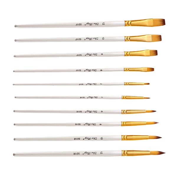 

10x wood tip and flat nylon paint brush for artist beginner student painting