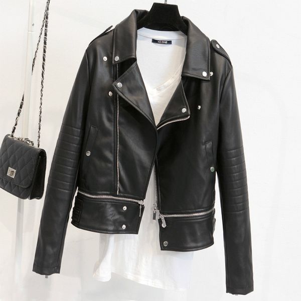 

women autumn winter clothes leather jackets soft pu faux leather coat slim short design streetwear plus size outerwear, Black