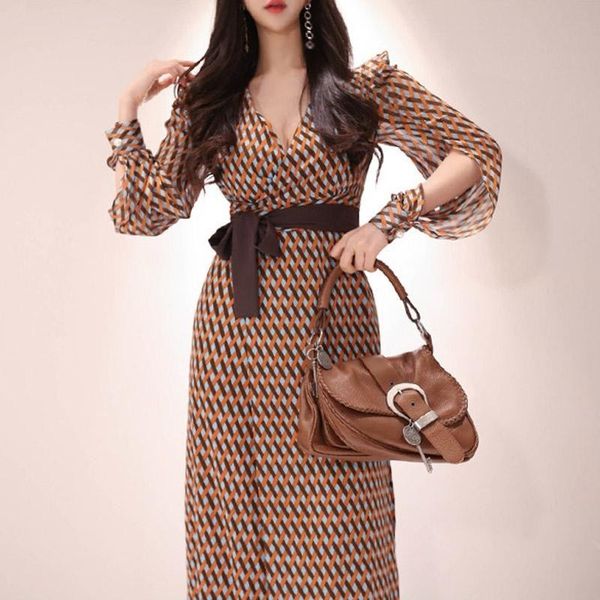 

2019 summer autumn long sleeve v-neck bohemia cloth bowknot loose maxi long casual print dress vestidos robe femme, Black;gray