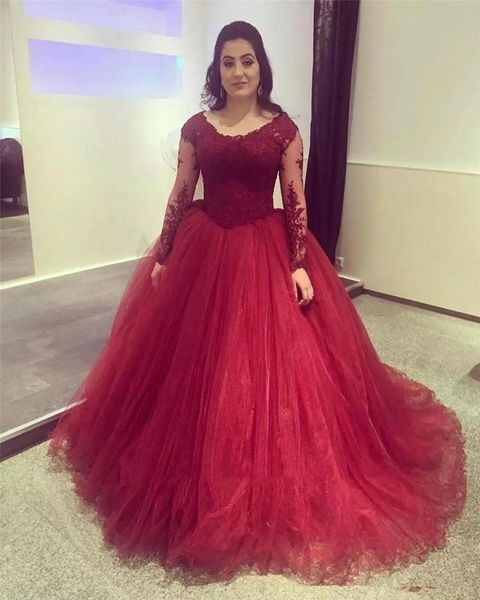 

burgundy prom dresses illusion long sleeves 2020 lace appliques ball gown sweet 16 dress evening formal wear quinceanera gowns plus size, Black