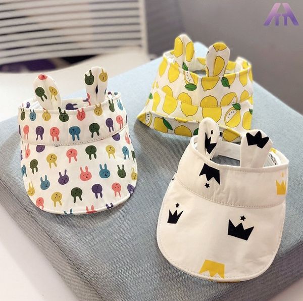 

summer baby girls sun caps cartoon printed kids sun shade bunny ear children beach visor crown lemon rabbit ball hats y2474, Yellow