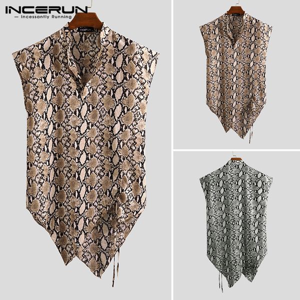 

fashion men irregular shirt 2020 sleeveless v neck leopard print camisa summer drawstring streetwear male casual shirts incerun, White;black