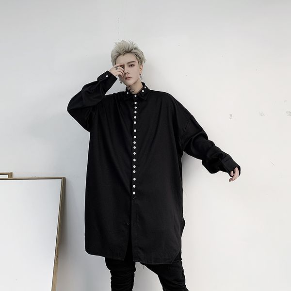 

male streetwear punk gothic hip hop long style shirt men multiple buttons casual long sleeve loose shirts, White;black