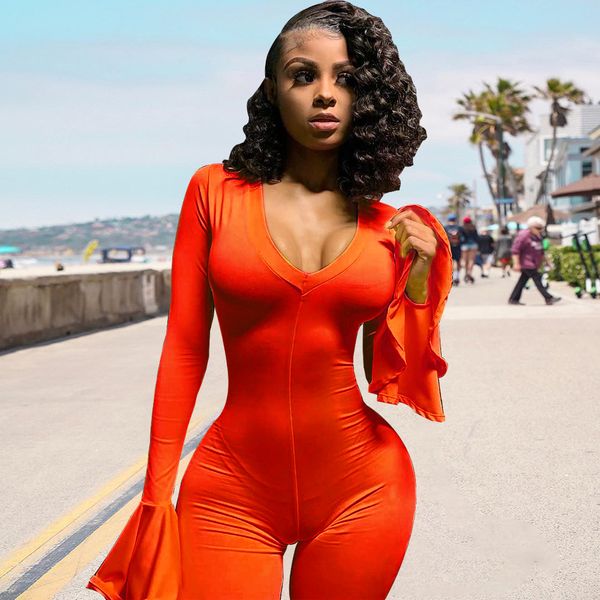 

spot 2020 european trend round neck long sleeve fashion casual street lotus leaf sleeve jumpsuit comfortable, Black;white