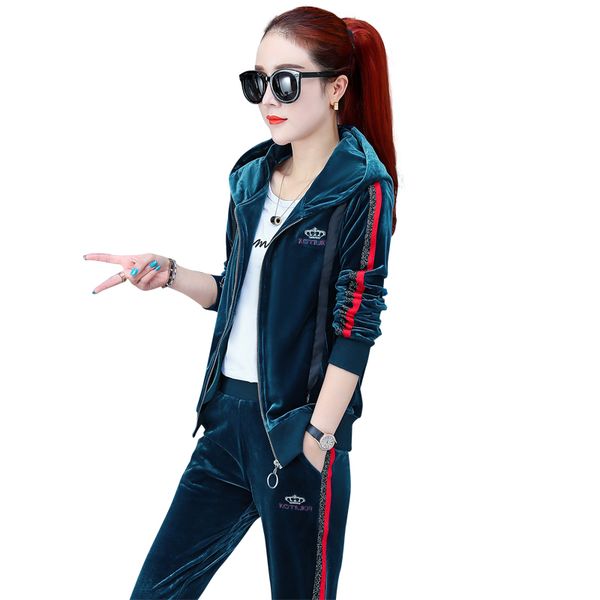 

велюровый костюмы женщины 3 шт наборы 1956 весна осень новые прибытия бархатные sportsuits для женщин с длинным рукавом толстовки куртки + м, Gray