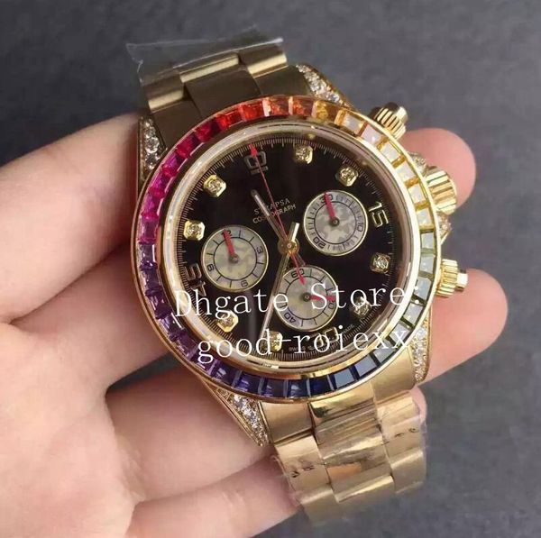 

mens automatic chronograph eta 7750 movement watch rainbow diamond bezel watches men 116598 gold cosmograph valjoux bp factory wristwatches, Slivery;brown