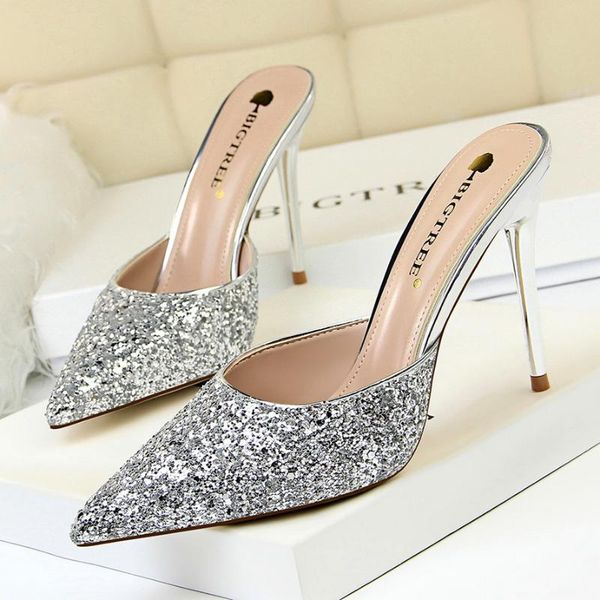 

2020 summer fashion simple metal thin high-heel shallow pointed sequin slippers shoes for women bling outside slim sandals, Black