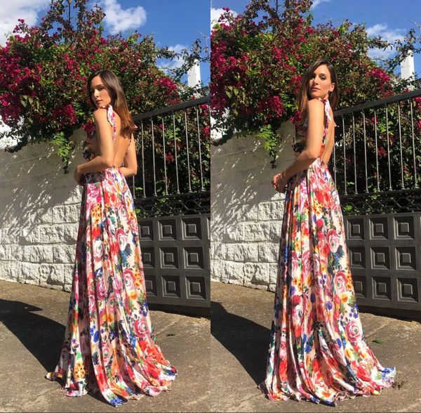 

open back floral party dresses deep v neck floor length a line even dresses women casual dress 2173, Black