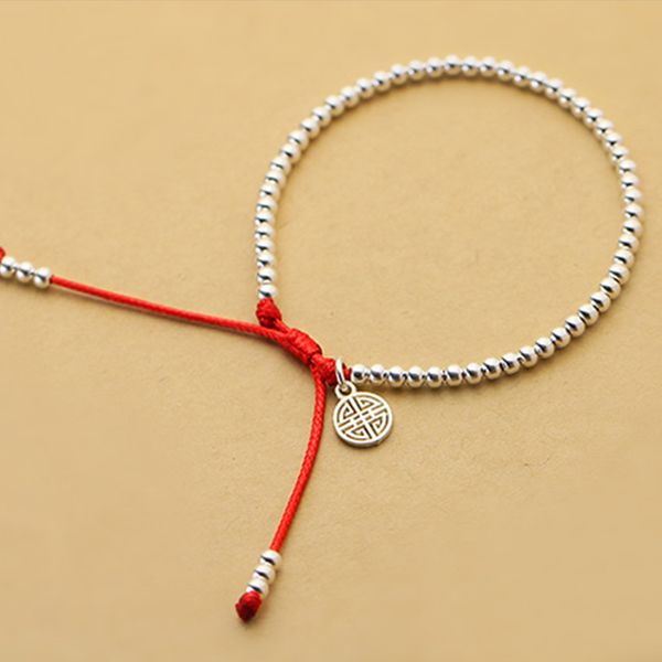 

new s925 sterling silver beads bracelet handmade lucky red rope bangle nice jewelry, Golden;silver