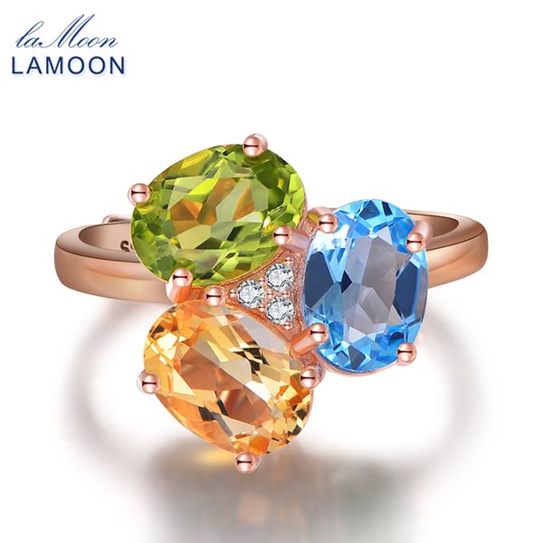 

lamoon- 3pcs 3ct oval yellow citrine green peridot blue z 925 sterling-silver-jewelry wedding ring s925 lmri002, Golden;silver