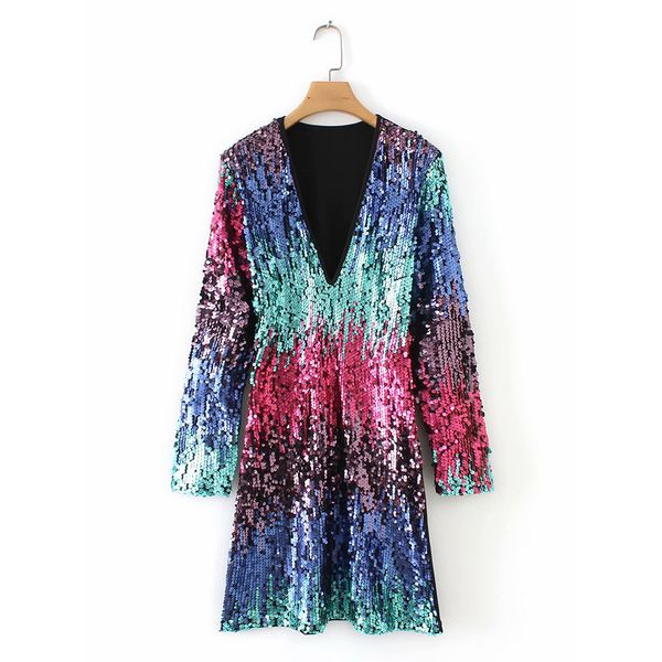 

deep v-neck glitter dresses for women 2019 autumn long sleeve party dress ladies bright silk shiny bodycon dress#g4, Black;gray
