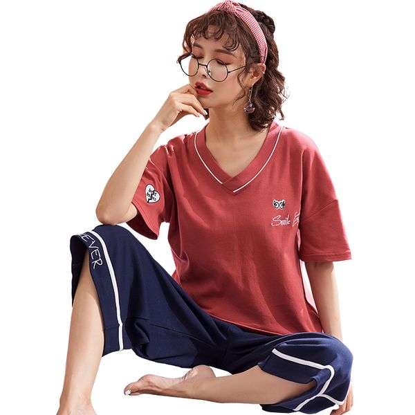 

cute v-neck pyjamas women sleepwear soft 100% cotton nightwear 2 pcs suit short sleeve 3/4 pants home wear pajama sets for women, Blue;gray