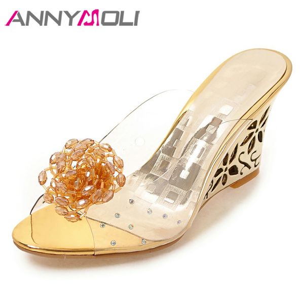 

annymoli women shoes summer sandals flower transparent slippers wedge high heels beading mules shoes ladies gold big size 34-43, Black