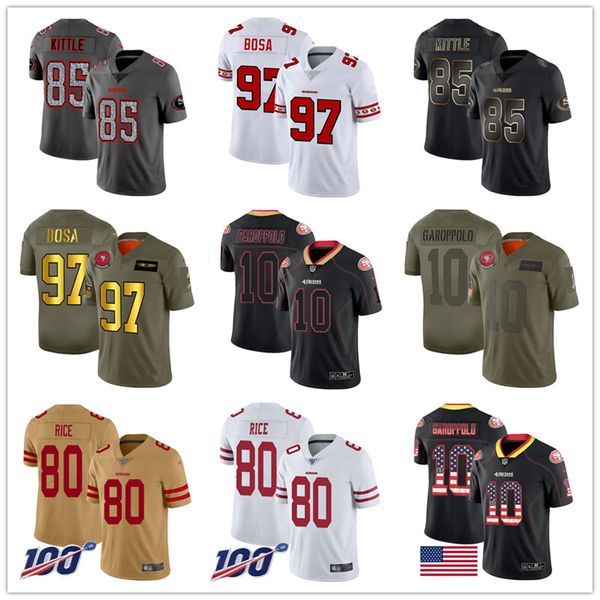 

san francisco custom 49er jersey 97 nick bosa 85 george kittle 80 jerry rice 25 richard sherman 10 jimmy garoppolo 16 montana reuben foster, Black;red